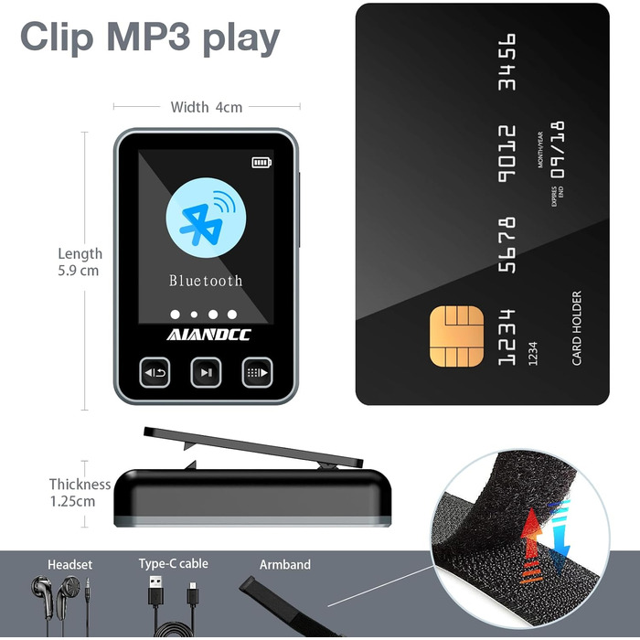 MP3-плеєр Bluetooth 5.3 зі спортивним кліпом та браслетом, 1.77