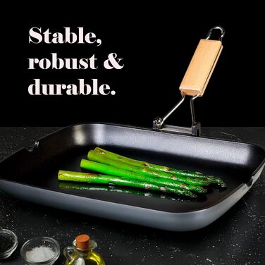 Сковорода-гриль WECOOK! Ecostone 34x24 см для індукції, алюмінієва, антипригарне покриття ILAG, екологічна, без ПФОК, товщина 5 мм, складана дерев'яна ручка, для газу та склокераміки