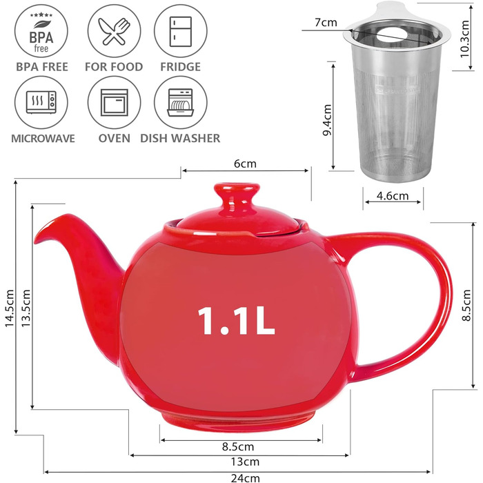 Teapot with infuser, Swansea Sea Green 1.1 L with filter, made of porcelain by URBAN LIFESTYLE, a drip-free teapot. Teapot with infuser, porcelain (Red)