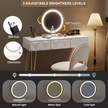 EUGAD Vanity Table with Stool and Mirror, 360° Swivel Makeup Mirror, Dressing Table Cosmetic Table with 2 Drawers, Upholstered Velvet Stool, 3D Effect Drawer, White and Gold (100x40cm, with LED Lighting)