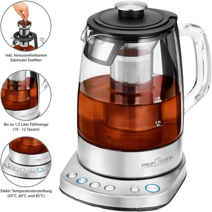 Електричний чайник ProfiCook PC-WK 1020 G: скляний корпус, 1.7 л, з тефлоновим фільтром, функція підігріву, 3000 Вт