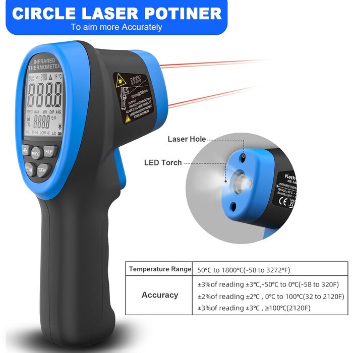 Інфрачервоний термометр Kethvoz KE-1500 (синій) -50℃ - 1500℃, подвійний лазер, D:S=30:1