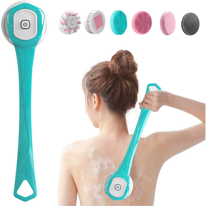 Electric Shower Brush, Body Brush Electric Back Scrubber with Long Handle, Back Brush Shower Massage Brush with 6 Cleaning Heads, Bath Brush for Spa Shower Peeling Massage Brush (Blue)