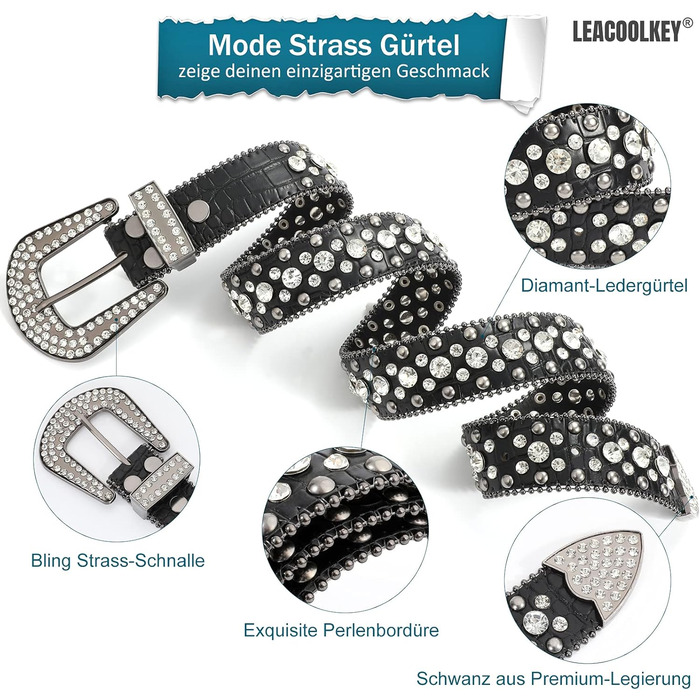Стильний ремінь LEACOOLKEY з камінням та заклепками, жіночий та чоловічий, PU шкіра, для джинсів, чорний