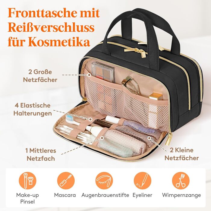 Жіноча дорожня косметичка Lifewit 5L, водовідштовхувальна косметичка з відділенням для мокрого одягу, органайзер для макіяжу, аксесуарів, шампуню та туалетних речей, чорна, M