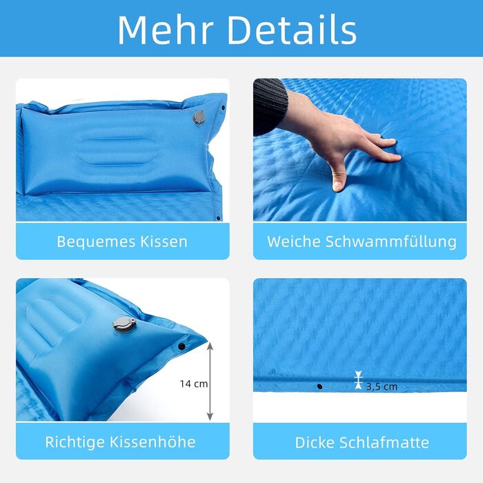 Каремат туристичний самонадувний GYMAX для кемпінгу, на 2 особи з подушками та сумкою, 187 x 131 см, блакитний