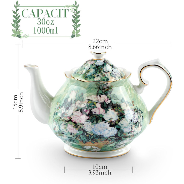 Порцелянова чайник з кістяної порцеляни 1 л Vintage Floral, біла троянда, для чаю та кави, подарунок для чайної вечірки
