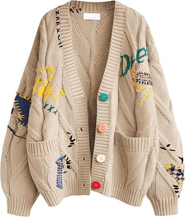 В'язаний кардиган Daen з косами, довгі рукави, відкрита передня частина, V-подібний виріз, ґудзикова застібка, вишивка, вовняна суміш, Пуловер, Куртка, Одяг для активного відпочинку (XXL, Хакі)