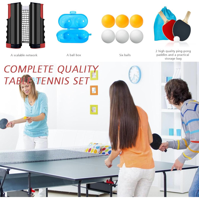 Набір для настільного тенісу: сітка, 2 ракетки, 6 м'ячів, коробка для м'ячів, сумка для зберігання. Професійний спортивний набір для гри в приміщенні та на вулиці