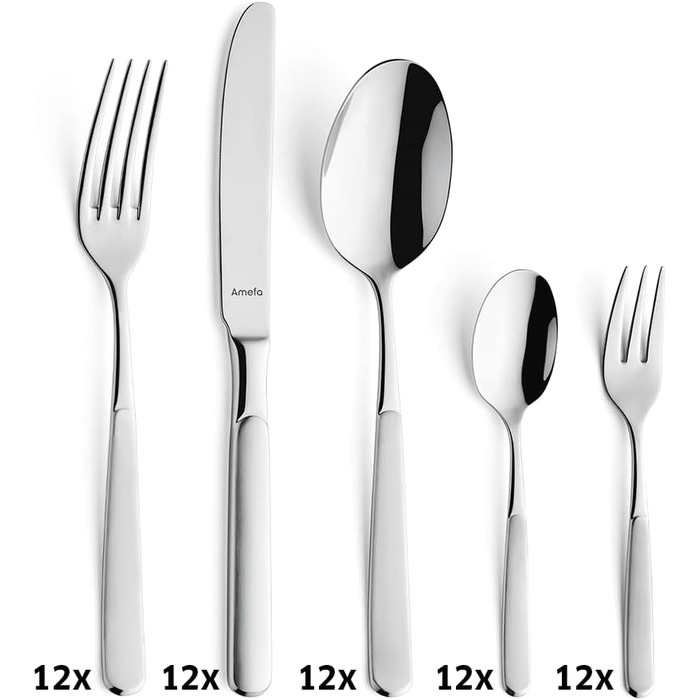 Amefa SATINA Cutlery Set, 60-Piece, Cutlery for 12 People, Dishwasher-Safe, Stainless Steel 18/10, Special Wave-Cut Design, Hardened Satina Steel Blades
