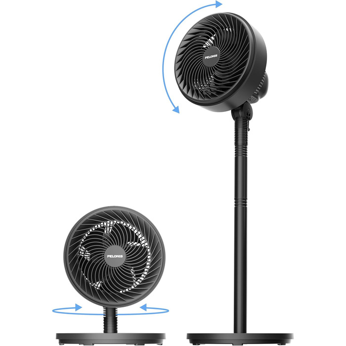 Вентилятор торнадо PELONIS з дистанційним керуванням, сенсорним дисплеєм, 3D циркуляцією, тихий (36.5dB), потужний (10м повітряний потік), регульована висота (60/111см), 4 швидкості з таймером, знімний захисний гріт, поворотний, 76см, чорний