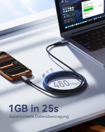 Кабель USB-C INIU, 3 шт. (2м+2м+0,5м), 3.1A, з LED-підсвічуванням, нейлон, для Samsung, iPhone, Pixel, iPad, MacBook