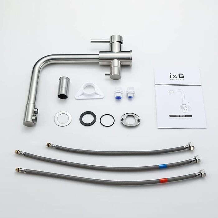 Кухонний змішувач 3-в-1 з поворотним виливом 360°, з двома важелями, для фільтрації води, гарячої та холодної води, високого тиску, з 3 шлангами 50 см, нержавіюча сталь, сірий матовий