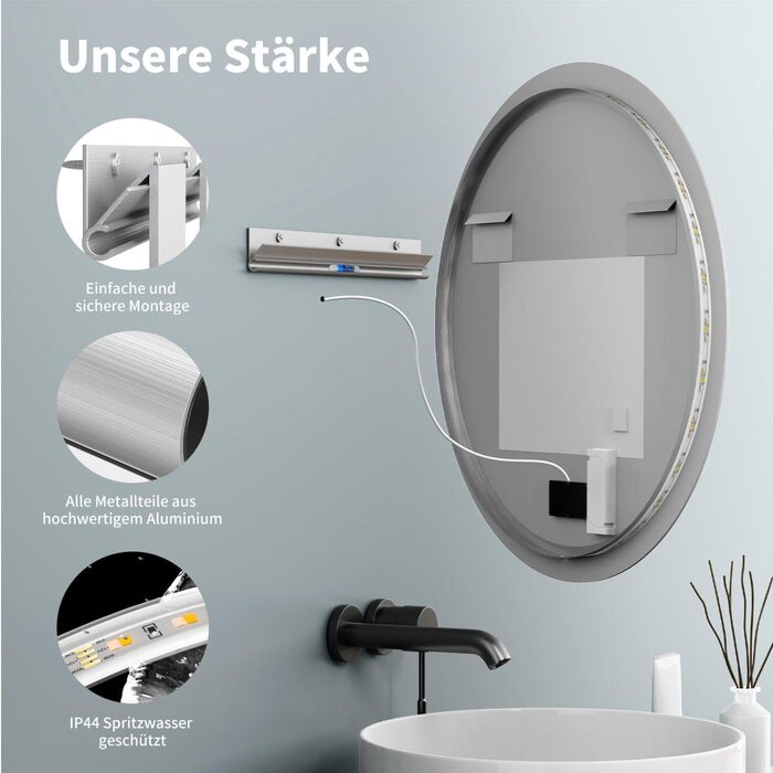 Дзеркало для ванної кімнати HOKO ULM 60см з підсвічуванням LED, антизапотівачем та сенсорним вимикачем. Колір сріблястий. Розміри 60x60 см.