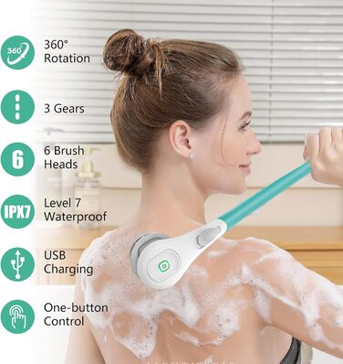 6-in-1 Electric Back Brush, Shower Brush with 6 Multifunctional Cleaning Heads, Body Brush 360° Rotation, IPX7 Waterproof 3 Speed Spin Cleaning Brush for Men Women