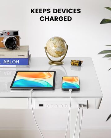 Електричний скляний стіл ErGear 120x60 см з регулюванням висоти, висувною шухлядою, для дому та офісу, біла скляна стільниця, білий каркас
