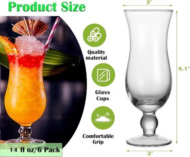 Склянки для коктейлів Nexboraque Hurricane-Glas, 400 мл, 6 шт., Піна Колада, прозорі скляні келихи для води, соків, напоїв, пива