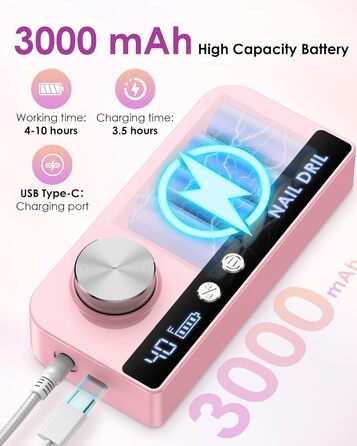 Електричний апарат для манікюру та педикюру з LCD-дисплеєм, 40000 об/хв, 15 насадок, рожевий. Для професійного та домашнього використання
