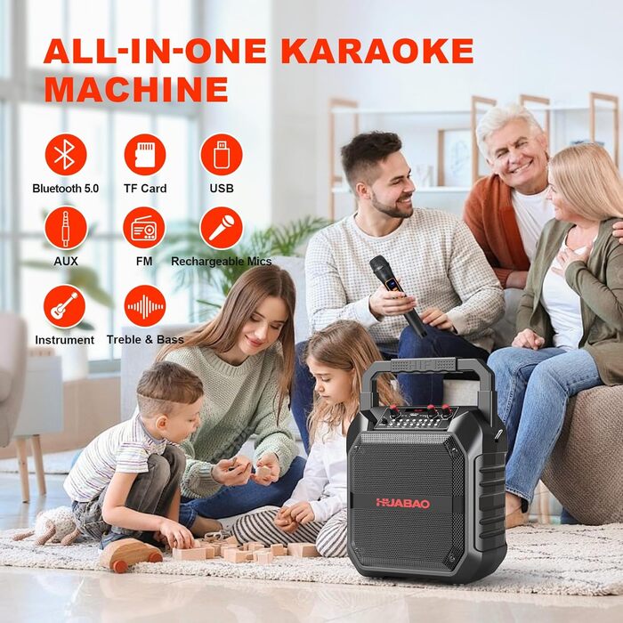 Портативна караоке-машина з Bluetooth, мікрофоном та підключенням TF/USB/FM/AUX для дому та вечірок (2 мікрофони)