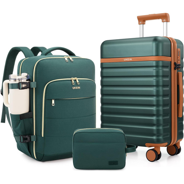 Набір валіз UKEIN 3 шт. з PC корпусом, міцний дорожній набір, ручна поклажа з TSA замком, 4 спіннер колеса, рюкзак та косметичка (3 шт.) (Темно-зелений)