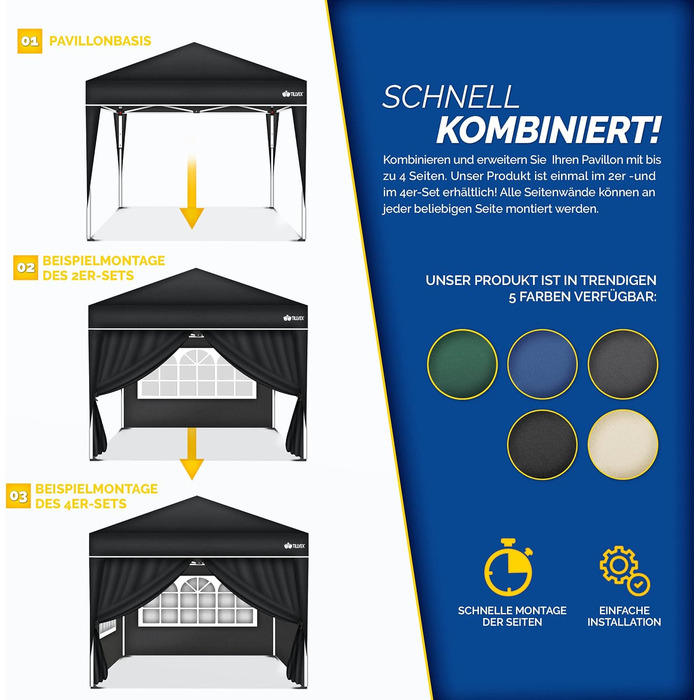 tillvex® for 3x3m Pavilion | Folding Pavilion Side Walls Water-Repellent | Side Windows & Zipper | Side Walls for Garden Tent Party Tent (4x Side Wall, Black)