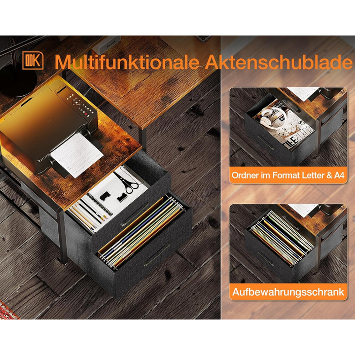 ODK L-Shaped Desk with Drawers, Reversible Corner Desk with LED & Power Strip, Large 189.3x100cm (Vintage Brown)