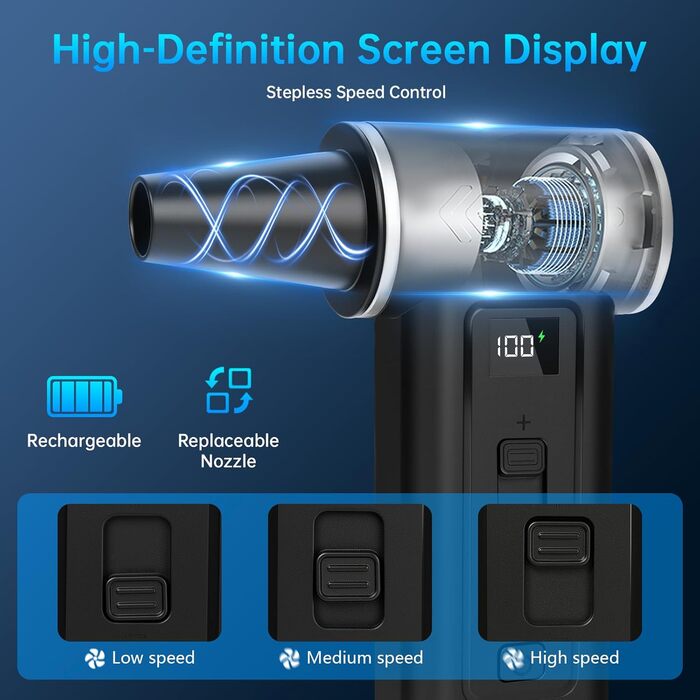 HERBYD 2-в-1 Електричний Пилосос-Обдув 180000 об/хв з Акумулятором 8000mAh та Цифровим Дисплеєм для Комп'ютера, Клавіатури, Дому та Автомобіля