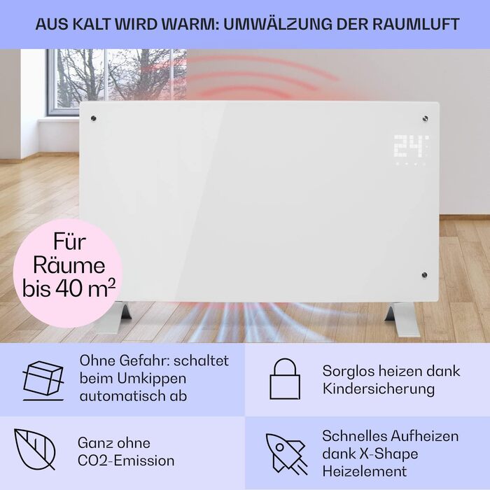 Klarstein Electric Heater, Convector Heater - Freestanding or Wall-Mountable, Energy-Saving, App Control, Quiet, Electric Standalone Heater with Thermostat, 2000 W White Bornholm Curved Smart