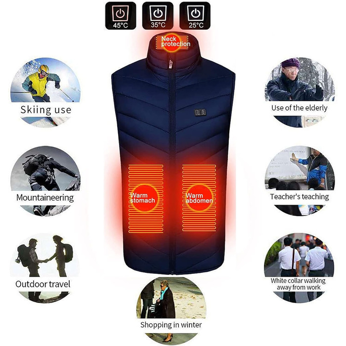Електрична гріюча жилетка для чоловіків та жінок, 9 зон нагріву, тепла жилетка для зими, для активного відпочинку на відкритому повітрі (без Powerbank), XL, червоний