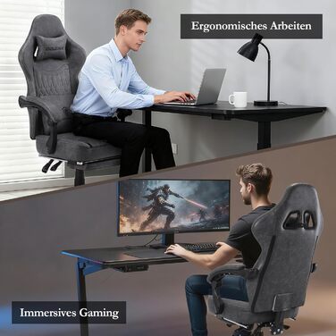 Ігровий крісло Dowinx з підголівником та масажем попереку, ергономічний геймерський крісло з підніжкою, офісне крісло з PU шкіри (Сірий)