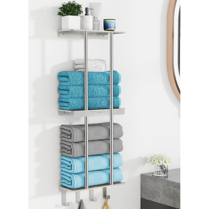 Трирівнева підставка для рушників з металевою полицею та 4 гачками, 86 см, срібна | Підставка для рушників для ванної кімнати
