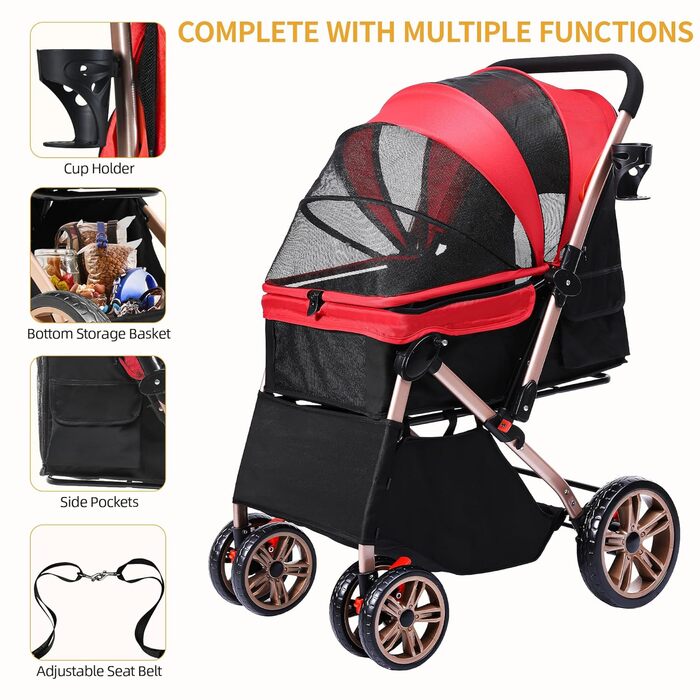 Візок для собак DWVO 3-в-1: візок, переноска, сумка. До 22 кг, EVA-колеса, відкидний кошик, сітчасті вікна, 58.5x76x105 см. Червоний колір