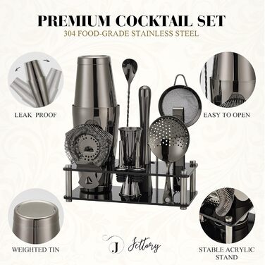 Набір шейкерів Boston - 16 предметів, нержавіюча сталь з акриловою основою, сито, щипці для льоду, барна ложка, мірний стакан, мадлер, виливний носик та шпажки для коктейлів (чорний)