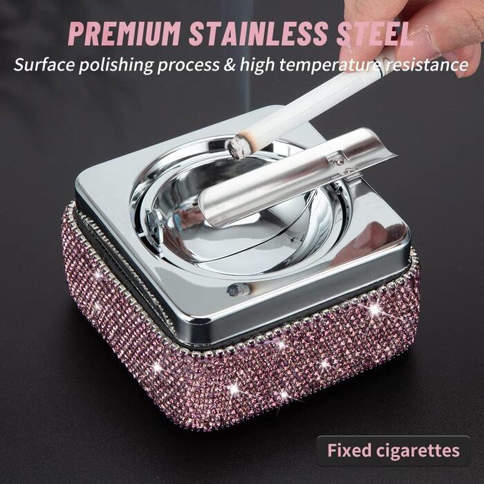 Попільничка з нержавіючої сталі з кришкою, з імітацією діамантів, фіолетового кольору. Попільничка для дому та вулиці, підставка для сигарет.