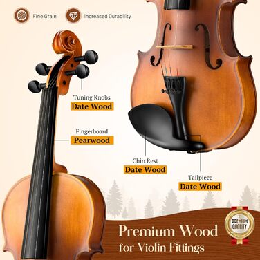 Скрипка CAHAYA з масиву дерева 4/4 матова, ручної роботи: повний набір для початківців, дорослих, учнів та дітей 12 років - скрипка з масиву дерева, футляр, підставка для плеча, тюнер, колінь