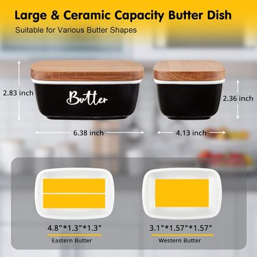ALELION Butter Dish, large ceramic butter dish with lid for countertop, vintage butter holder with wooden lid, for home, kitchen decoration, butter container holds two butters, black