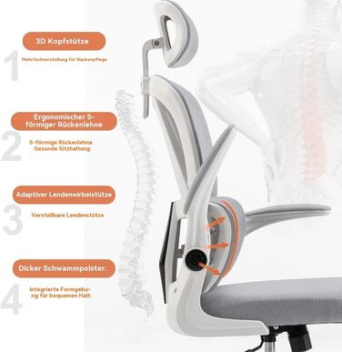 Ергономічне крісло для офісу - регульоване по висоті, з підйомною спинкою, сіткою та підтримкою попереку, відкидними підлокітниками. Підходить для дому, геймінгу та навчання (сірий, середній)