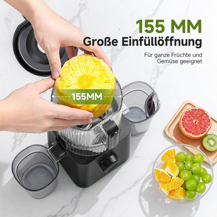 Шнекова соковижималка AMZCHEF 600W з широким завантажувальним отвором 155 мм, матово-чорна