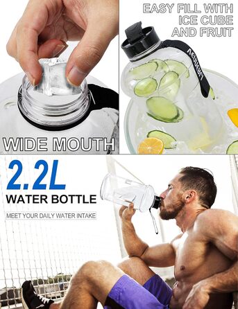 Пляшка для води 2.2л з ручкою, велика прозора, BPA-free, для спорту, туризму, фітнесу, подорожей - міцна пластикова пляшка