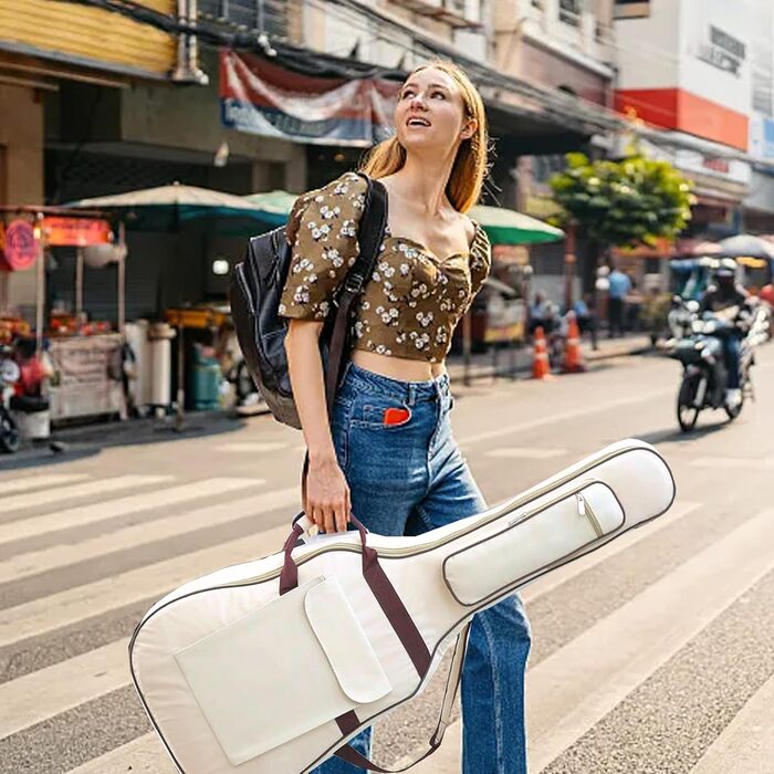 Водонепроникний кейс для гітари SUQ Oxford, 40/41 дюймів, з принтом музичних нот, нейлон, Gigbag, для електро-, акустичної та концертної гітари, ударостійкий, 8 мм підкладка, водонепроникний (бежевий)