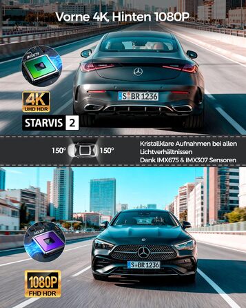 Відеореєстратор HUPEJOS 4K для авто (двоканальний, STARVIS, HDR, GPS, WiFi, нічна зйомка, 64GB карта в комплекті)