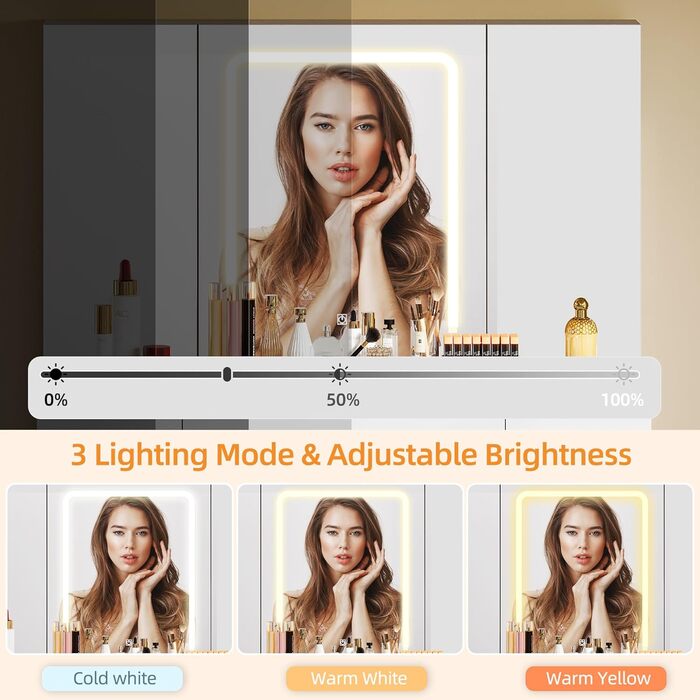 YITAHOME туалетний столик з LED підсвіткою, регульована яскравість, дзеркало з 3 дверцятами, 2 шухляди, сучасний білий косметичний стіл з полиць для прикрас, з пуфом