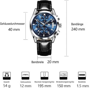 Годинник чоловічий OLEVS Vintage з шкіряним ремінцем, велике циферблат, водостійкий, з датою (2878, блакитний циферблат/чорний ремінець)