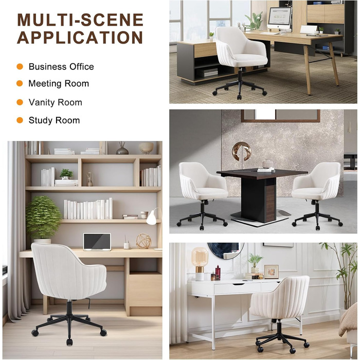 Офісний стілець для дому та офісу до 136 кг, обертовий, оксамит, з підлокітниками та колесами, ергономічний, білий