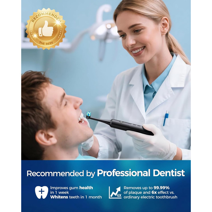 Електрична зубна щітка Rotierende для дорослих з 8 насадками, 4 режимами чищення, акумулятором на 60 днів та Smart-таймером на 2 хвилини - професійна електрична зубна щітка (чорна)