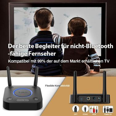 1Mii B06TX Bluetooth 5.2 Передавач для ТВ з aptX HD та низькою затримкою, велика дальність дії, аудіоадаптер для 2 навушників або динаміків, 3,5mm AUX/Оптичний/Коаксіальний вихід, регулювання гучності