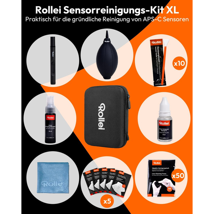 Rollei Набір для чищення камери APS-C XL (8-в-1): Lenspen, груша, серветки, рідина, стіки для сенсора (16мм)