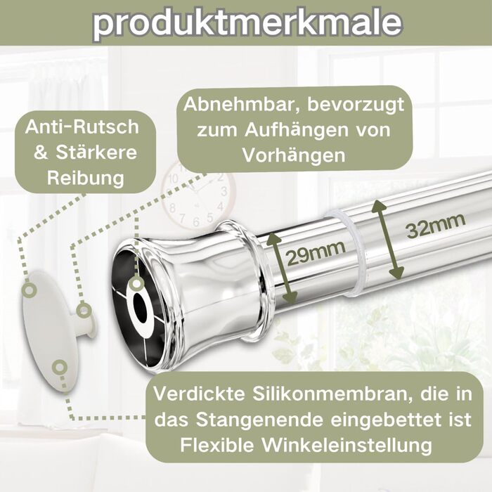 Штанга для карниза без свердління та шурупів, телескопічна, для душу та шафи, 85-230 см (діаметр 32 мм)