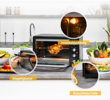Міні-піч TZS First Austria 45L з регулюванням температури до 230°C, таймером, грилем та поворотним шампуром. Антипригарне покриття, 4 рівня, деко та решітка.