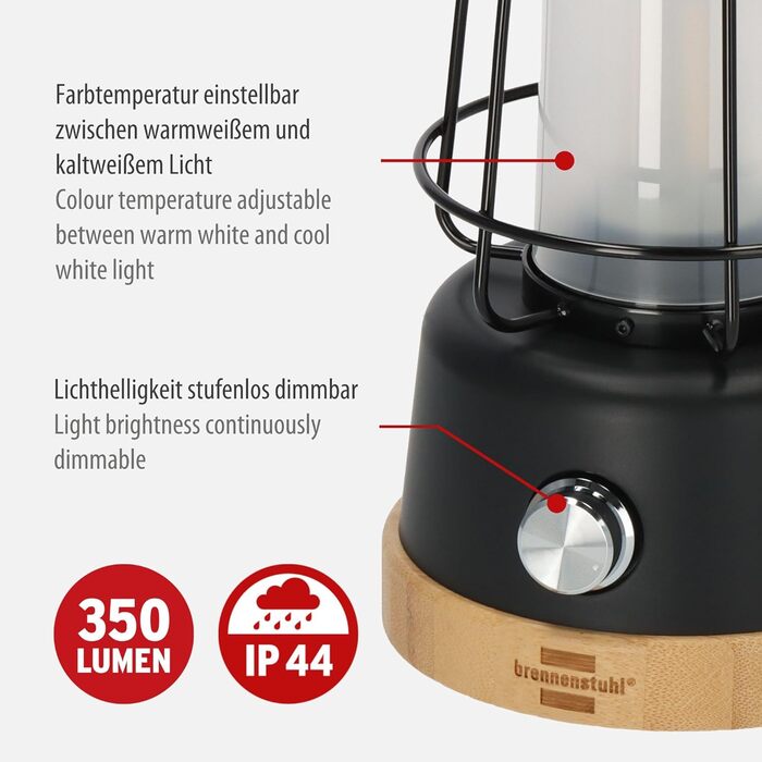 Brennenstuhl LED Rechargeable Camping Lantern CAL 1 (350 lm, IP44, up to 75h runtime, infinitely dimmable, adjustable color temperature, rechargeable USB outdoor lamp with hemp rope and bamboo base)